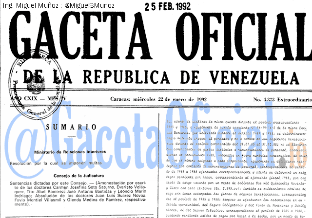 Gaceta Oficial 4373 del 22 Enero 1992