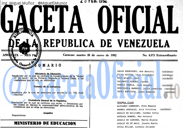 Gaceta Oficial 4375 del 28 Enero 1992