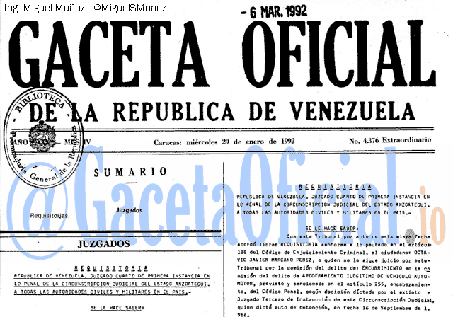 Gaceta Oficial 4376 del 29 Enero 1992