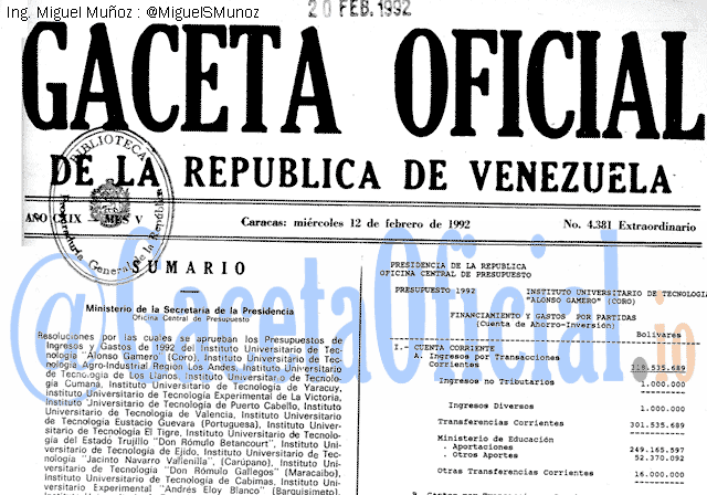 Gaceta Oficial 4381 del 12 Febrero 1992
