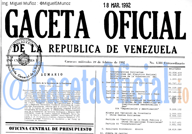 Gaceta Oficial 4384 del 19 Febrero 1992
