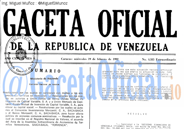 Gaceta Oficial 4385 del 19 Febrero 1992
