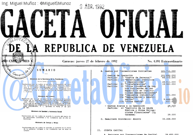Gaceta Oficial 4391 del 27 Febrero 1992