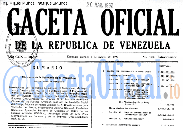 Gaceta Oficial 4395 del 6 Marzo 1992