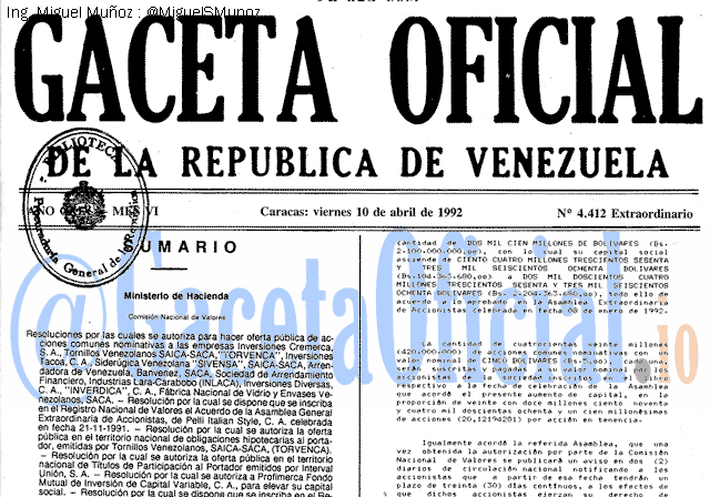 Gaceta Oficial 4412 del 10 Abril 1992