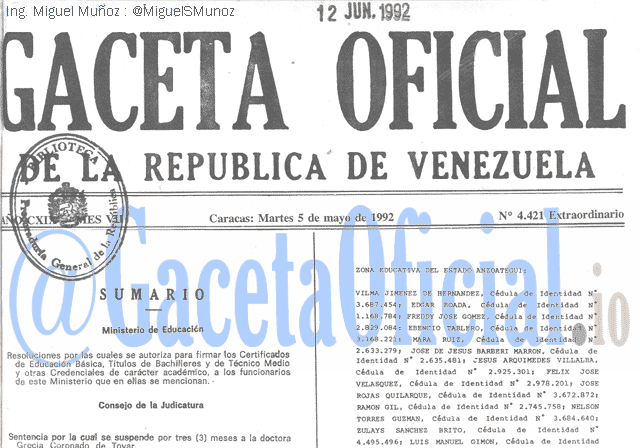Gaceta Oficial 4421 del 5 Mayo 1992