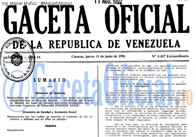 Gaceta Oficial 4437 del 11 Junio 1992