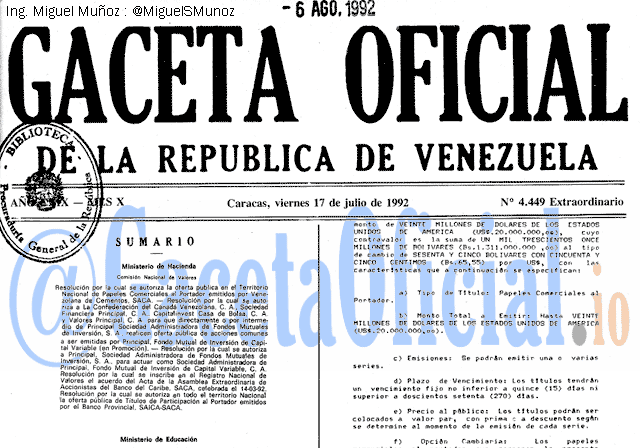 Gaceta Oficial 4449 del 17 Julio 1992