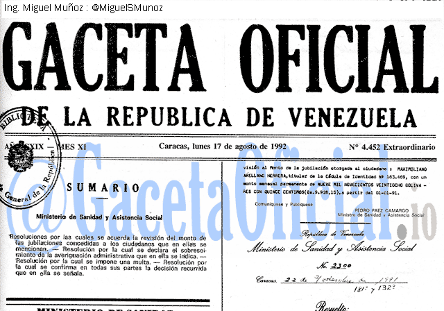 Gaceta Oficial 4452 del 17 Agosto 1992