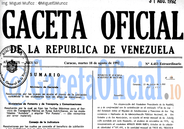 Gaceta Oficial 4453 del 18 Agosto 1992