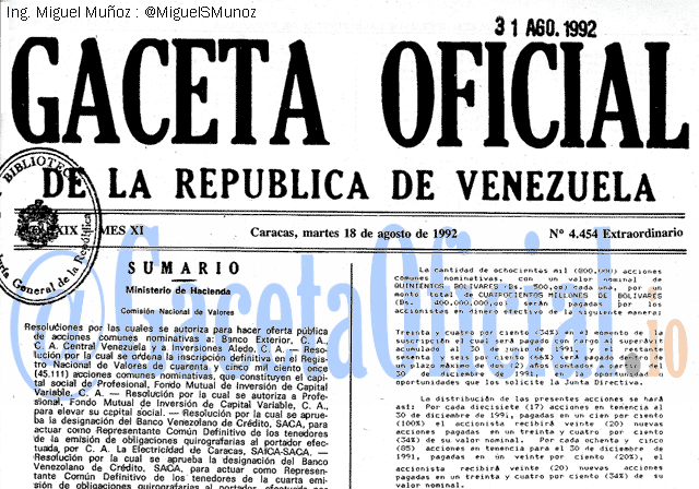 Gaceta Oficial 4454 del 18 Agosto 1992