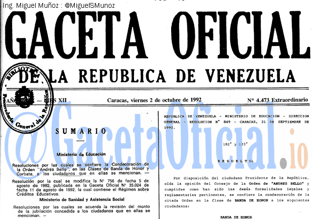 Gaceta Oficial 4473 del 2 Octubre 1992