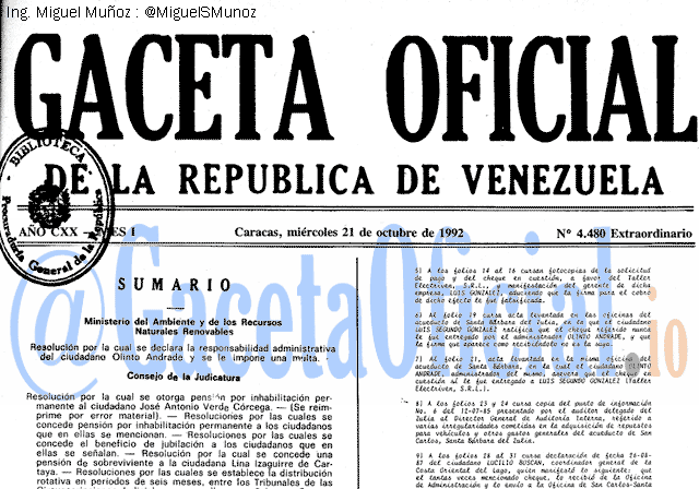 Gaceta Oficial 4480 del 21 Octubre 1992