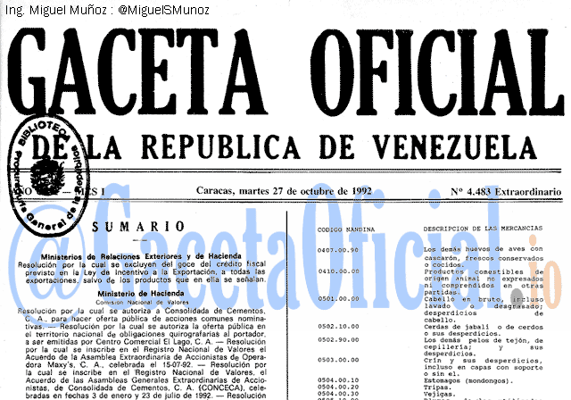 Gaceta Oficial 4483 del 27 Octubre 1992
