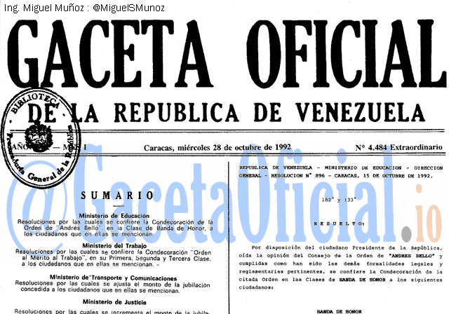 Gaceta Oficial 4484 del 28 Octubre 1992
