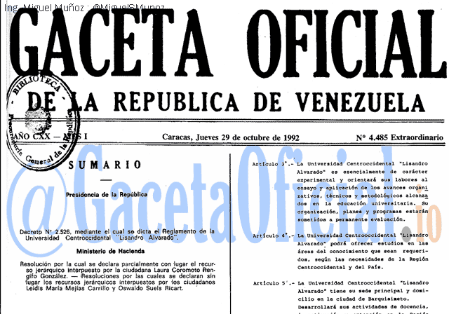 Gaceta Oficial 4485 del 29 Octubre 1992