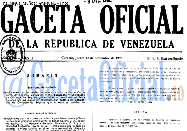 Gaceta Oficial 4491 del 12 Noviembre 1992