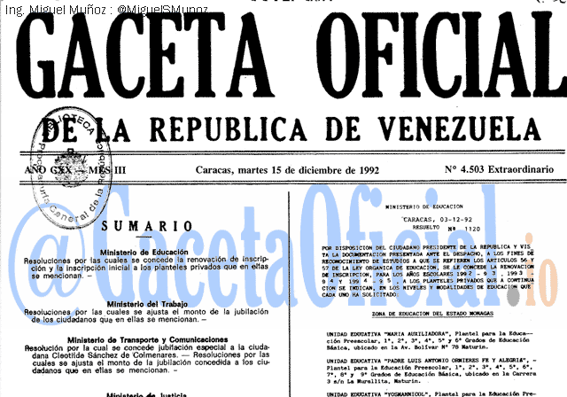Gaceta Oficial 4503 del 15 Diciembre 1992