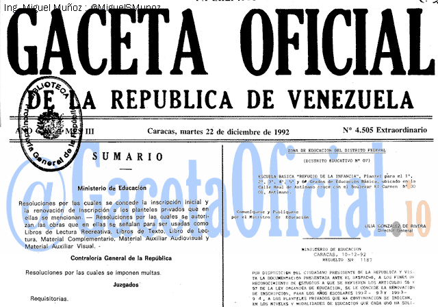 Gaceta Oficial 4505 del 22 Diciembre 1992