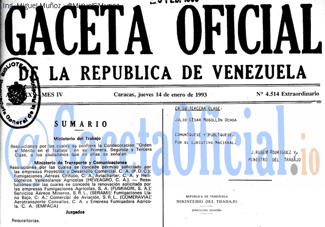 Gaceta Oficial 4514 del 14 Enero 1993
