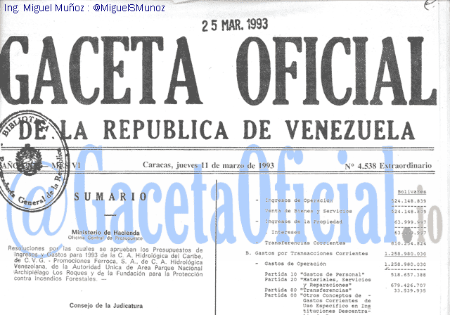 Gaceta Oficial 4538 del 11 Marzo 1993