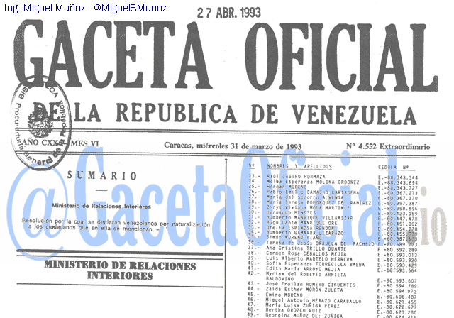 Gaceta Oficial 4552 del 31 Marzo 1993