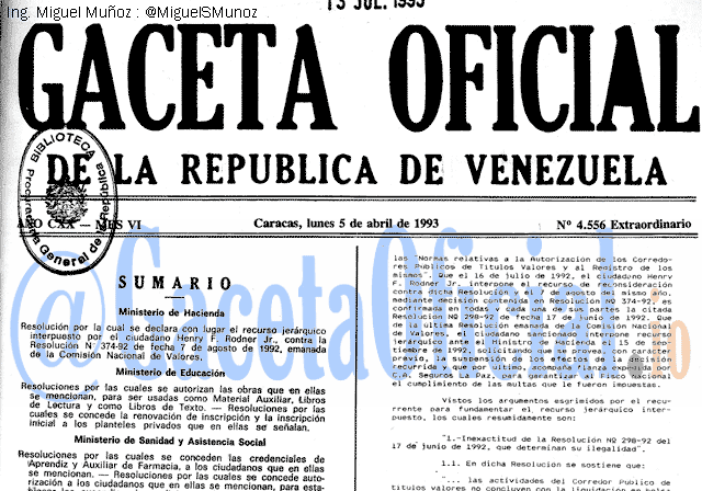 Gaceta Oficial 4556 del 5 Abril 1993
