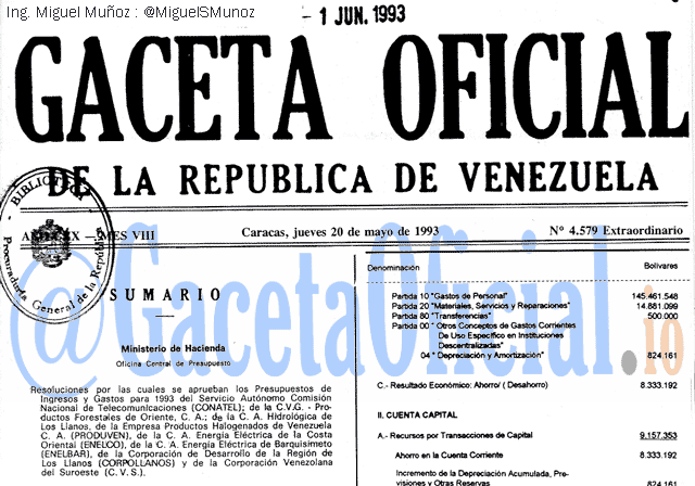 Gaceta Oficial 4579 del 20 Mayo 1993