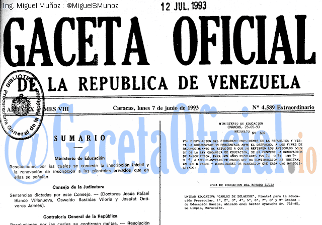 Gaceta Oficial 4589 del 7 Junio 1993