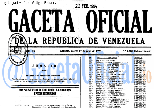 Gaceta Oficial 4600 del 1 Julio 1993