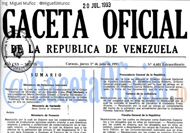 Gaceta Oficial 4601 del 1 Julio 1993