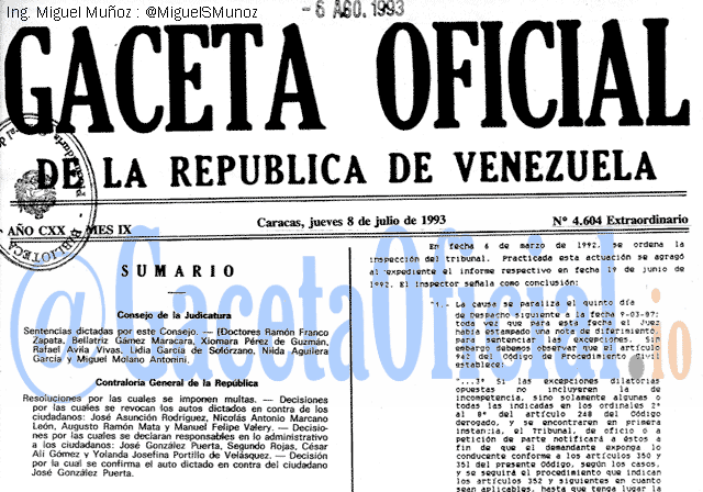 Gaceta Oficial 4604 del 8 Julio 1993