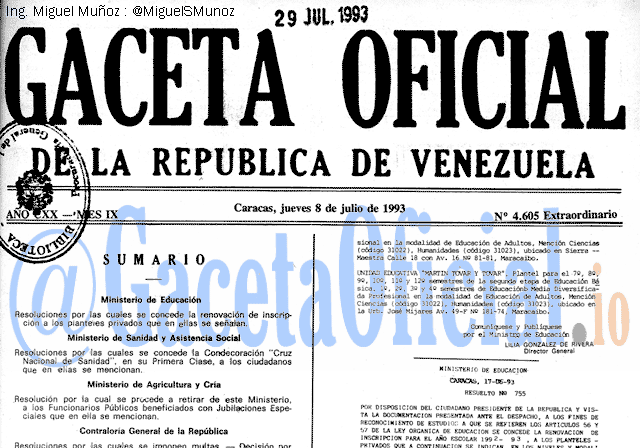 Gaceta Oficial 4605 del 8 Julio 1993