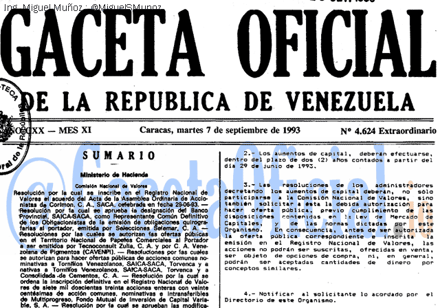Gaceta Oficial 4624 del 7 Septiembre 1993