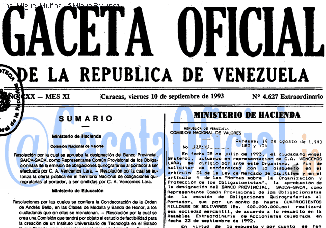 Gaceta Oficial 4627 del 10 Septiembre 1993
