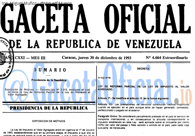Gaceta Oficial 4664 del 30 Diciembre 1993