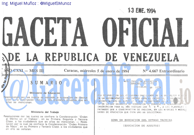 Gaceta Oficial 4667 del 5 Enero 1994