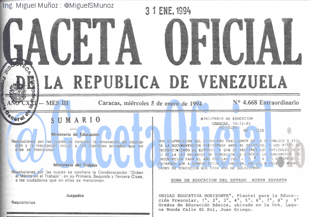 Gaceta Oficial 4668 del 5 Enero 1994