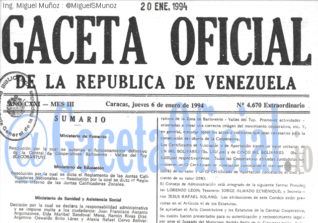 Gaceta Oficial 4670 del 6 Enero 1994