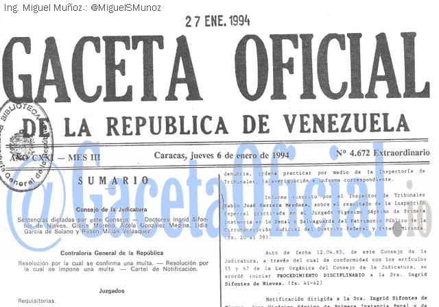 Gaceta Oficial 4672 del 6 Enero 1994