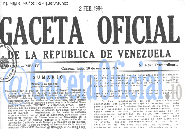 Gaceta Oficial 4675 del 10 Enero 1994