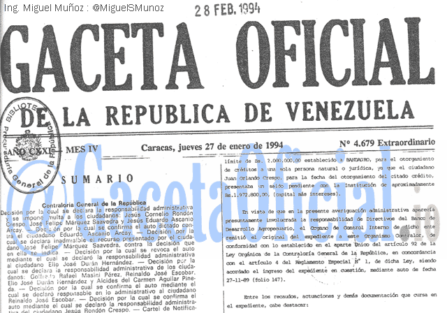 Gaceta Oficial 4679 del 27 Enero 1994