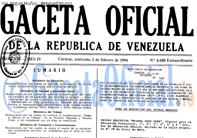 Gaceta Oficial 4688 del 2 Febrero 1994