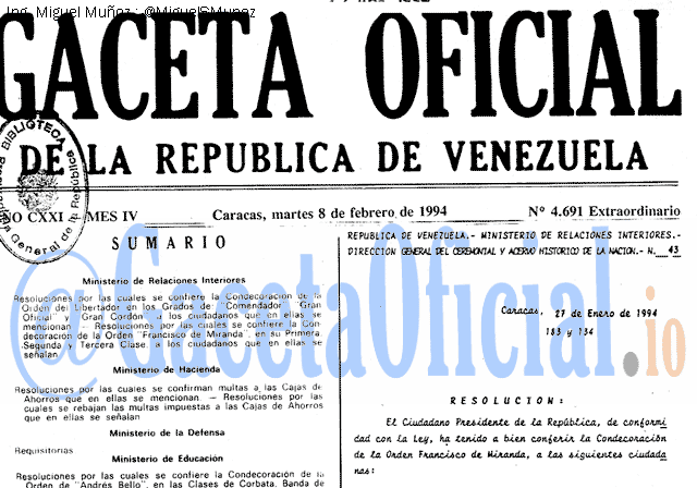 Gaceta Oficial 4691 del 8 Febrero 1994