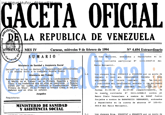 Gaceta Oficial 4694 del 9 Febrero 1994