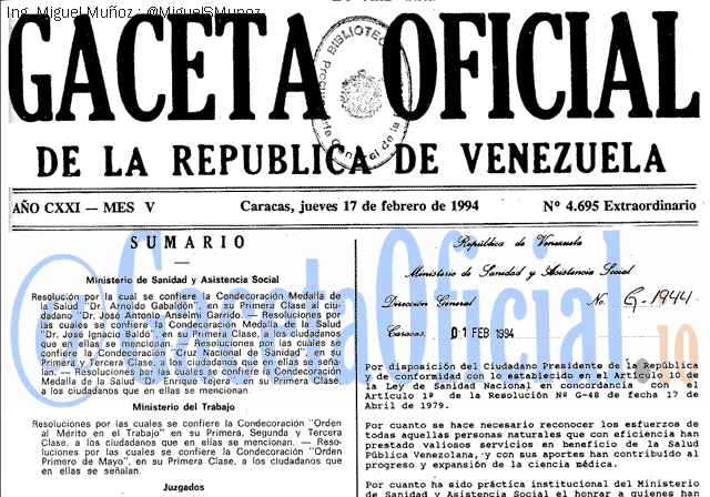 Gaceta Oficial 4695 del 17 Febrero 1994