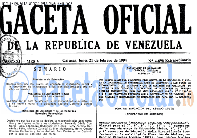 Gaceta Oficial 4696 del 21 Febrero 1994