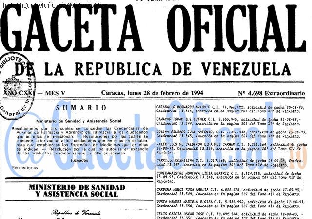 Gaceta Oficial 4698 del 28 Febrero 1994