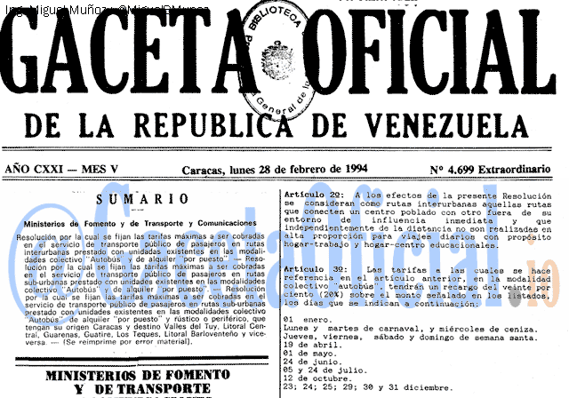 Gaceta Oficial 4699 del 28 Febrero 1994