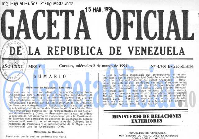 Gaceta Oficial 4700 del 2 Marzo 1994